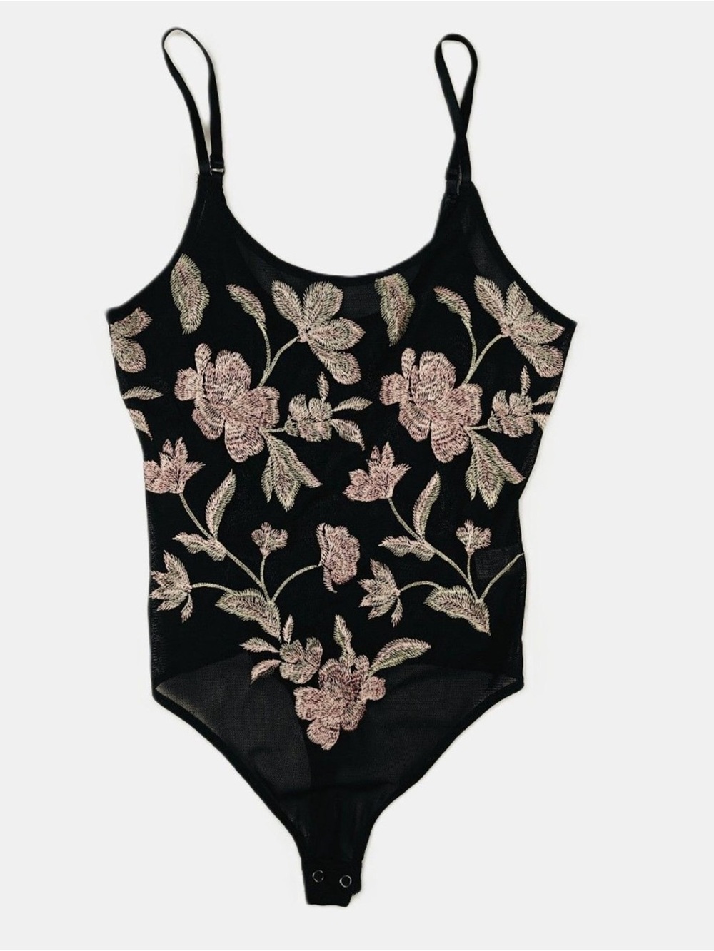 NWT - Mesh Body Suit with Pink Floral Embroidery